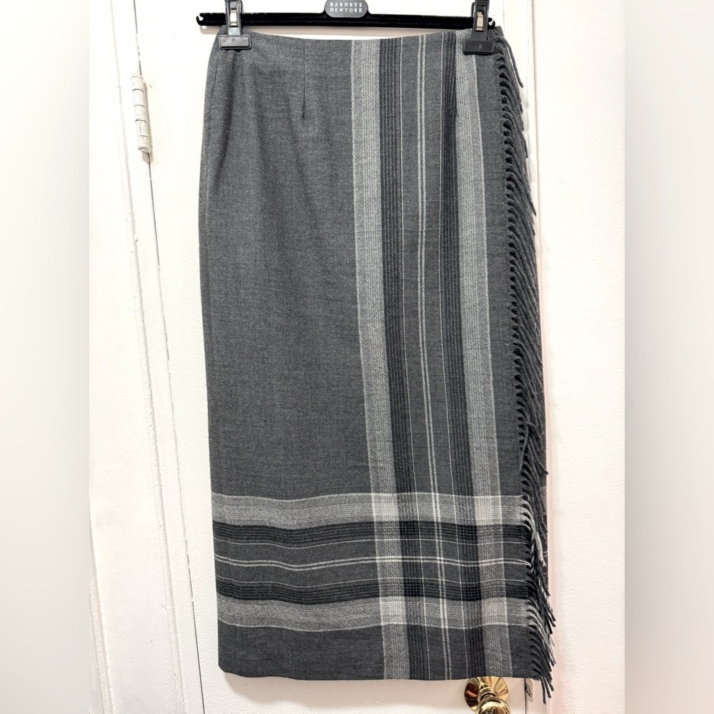 Vintage Talbots Fringe 100% Wool Wrap Midi Skirt Gray Plaid equestrian checkered